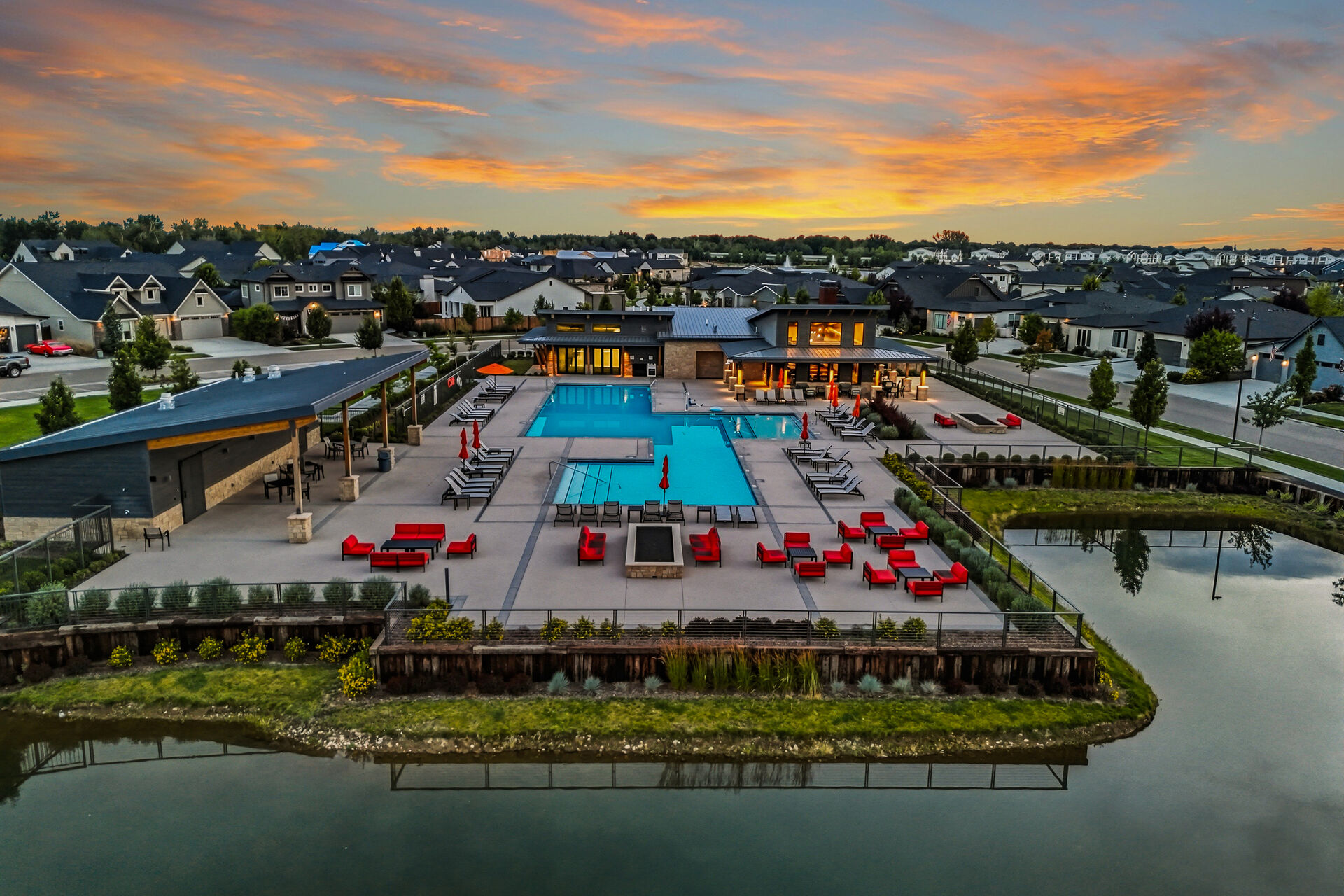 Aerial of the community pool at sunset