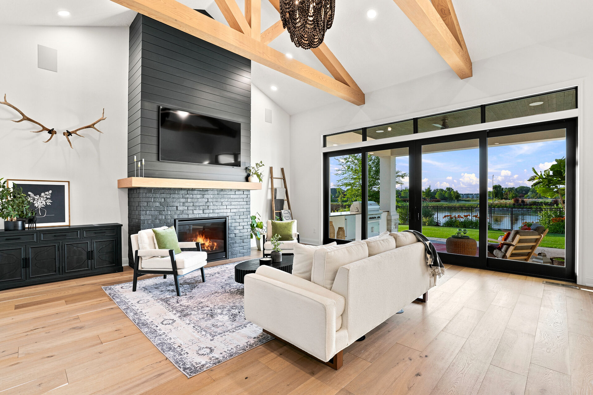 Living room with decorative beams